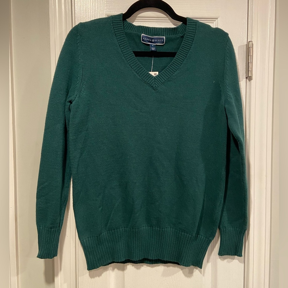 NWT Karen Scott Size S Forrest Green V Neck Cotton Long Sleeve Pullover Sweater